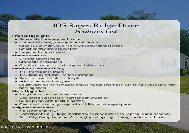 Photo 3 of Single family home for sale at 105 Sages Ridge Dr, Holly Ridge, NC 28445 | MLS# 100588108 | Listing updated on 2026-09-11