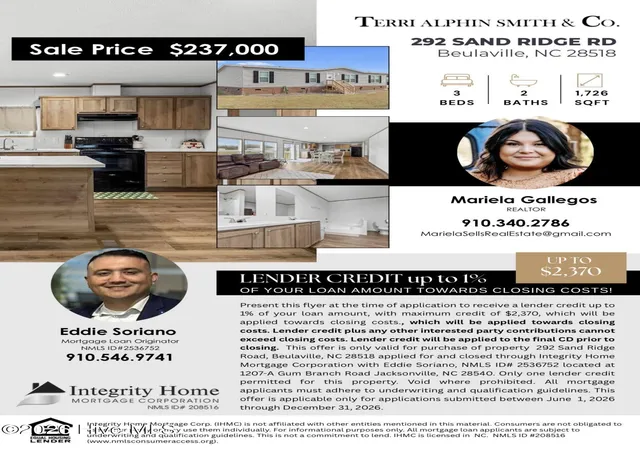 Photo 2 of Manufactured home for sale at 292 Sand Ridge Rd, Beulaville, NC 28518 | MLS# 100543196 | Listing updated on 2026-09-23