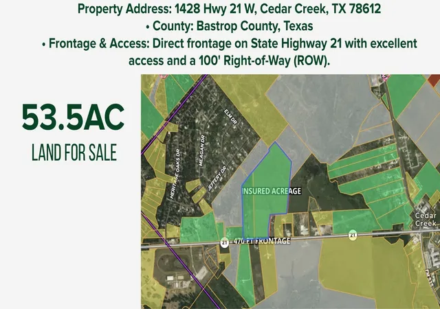 Photo 1 of Land for sale at 1428 State Hwy 21 W, Cedar Creek, TX 78612 | MLS# 21348529 | Listing updated on 2026-09-05