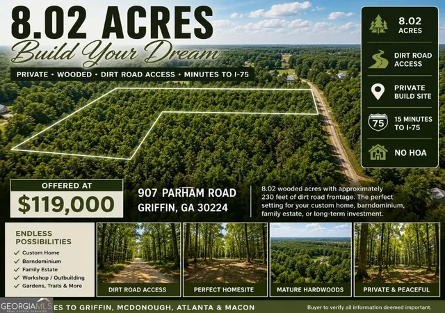 Photo 1 of Land for sale at 907 Parham Rd, Griffin, GA 30223 | MLS# 10764933 | Listing updated on 2026-06-29