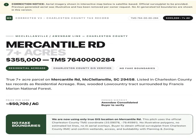 Photo 1 of Land for sale at 0 Mercantile Rd, Mc Clellanville, SC 29458 | MLS# 26022871 | Listing updated on 2026-08-25