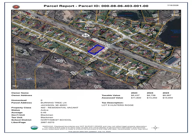 Photo 1 of Land for sale at 045 Lot 6 Burning Tree Ln, Jackson, MI 49201 | MLS# 70546713 | Listing updated on 2026-07-19