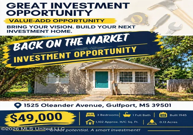 Photo 1 of Single family home for sale at 1525 Oleander Ave, Gulfport, MS 39501 | MLS# 4158218 | Listing updated on 2026-10-28