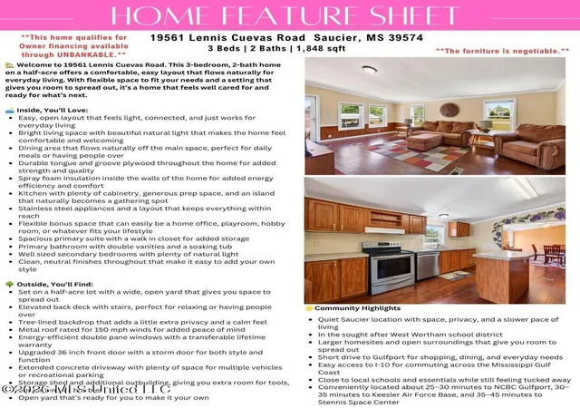 Photo 2 of Single family home for sale at 19561 Lennis Cuevas Rd, Saucier, MS 39574 | MLS# 4160050 | Listing updated on 2026-09-01