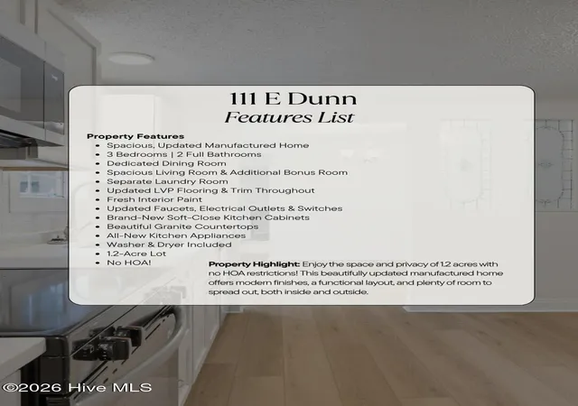 Photo 3 of Manufactured home for sale at 111 E Dunn St, Sneads Ferry, NC 28460 | MLS# 100608462 | Listing updated on 2026-10-20