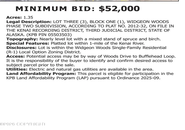 Photo 2 of Land for sale at L3 B1 Bufflehead Loop, Kenai, AK 99611 | MLS# 26-11677 | Listing updated on 2026-09-14