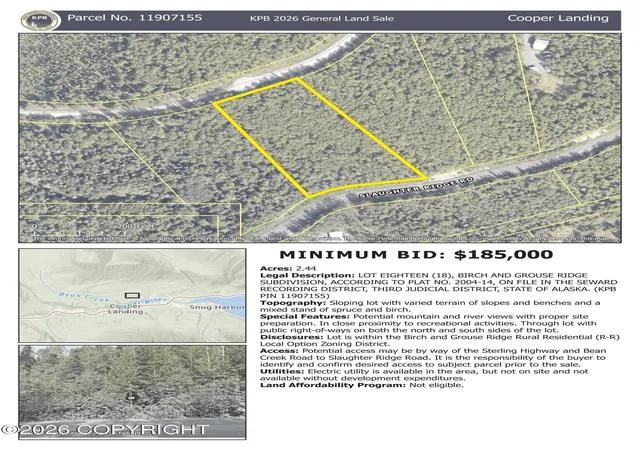 Photo 2 of Sale Pending at L18 Slaughter Ridge Rd, Cooper Landing, AK 99572 | MLS# 26-11680 | Listing updated on 2026-10-10