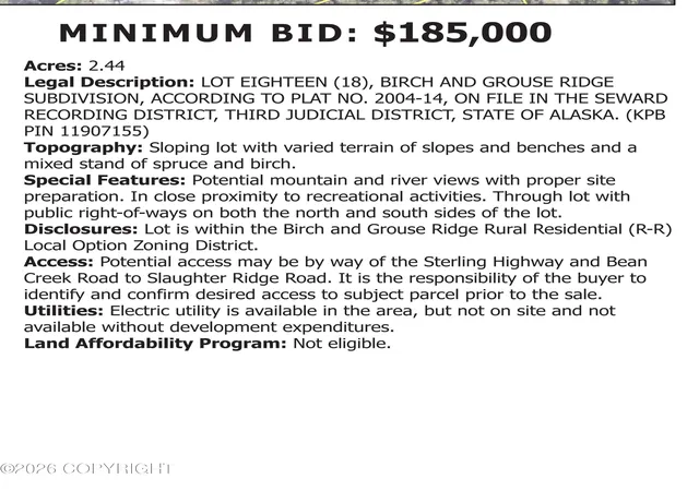 Photo 3 of Sale Pending at L18 Slaughter Ridge Rd, Cooper Landing, AK 99572 | MLS# 26-11680 | Listing updated on 2026-10-10